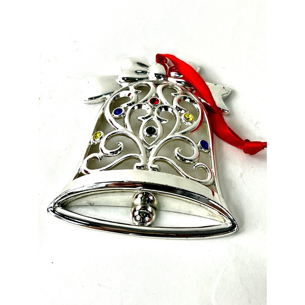 Lenox Sparkle and Scroll Multi-Crystal Bell Ornament Silverplate 851325 Red Box